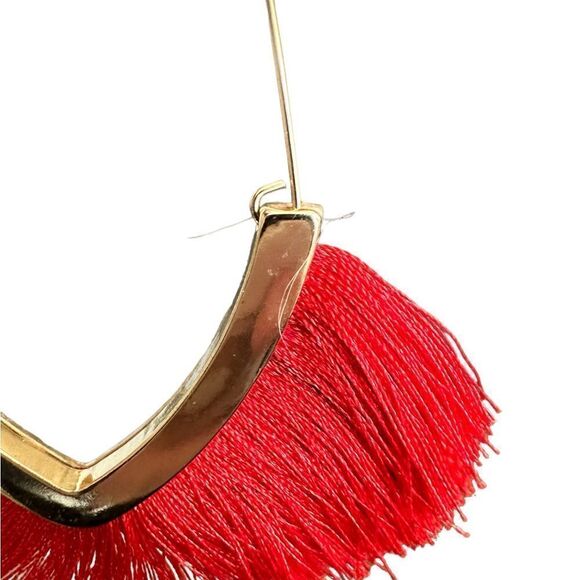 EUC - Red Dangle Hoop Fringe Earrings - Gold Trim - Picture 3 of 3